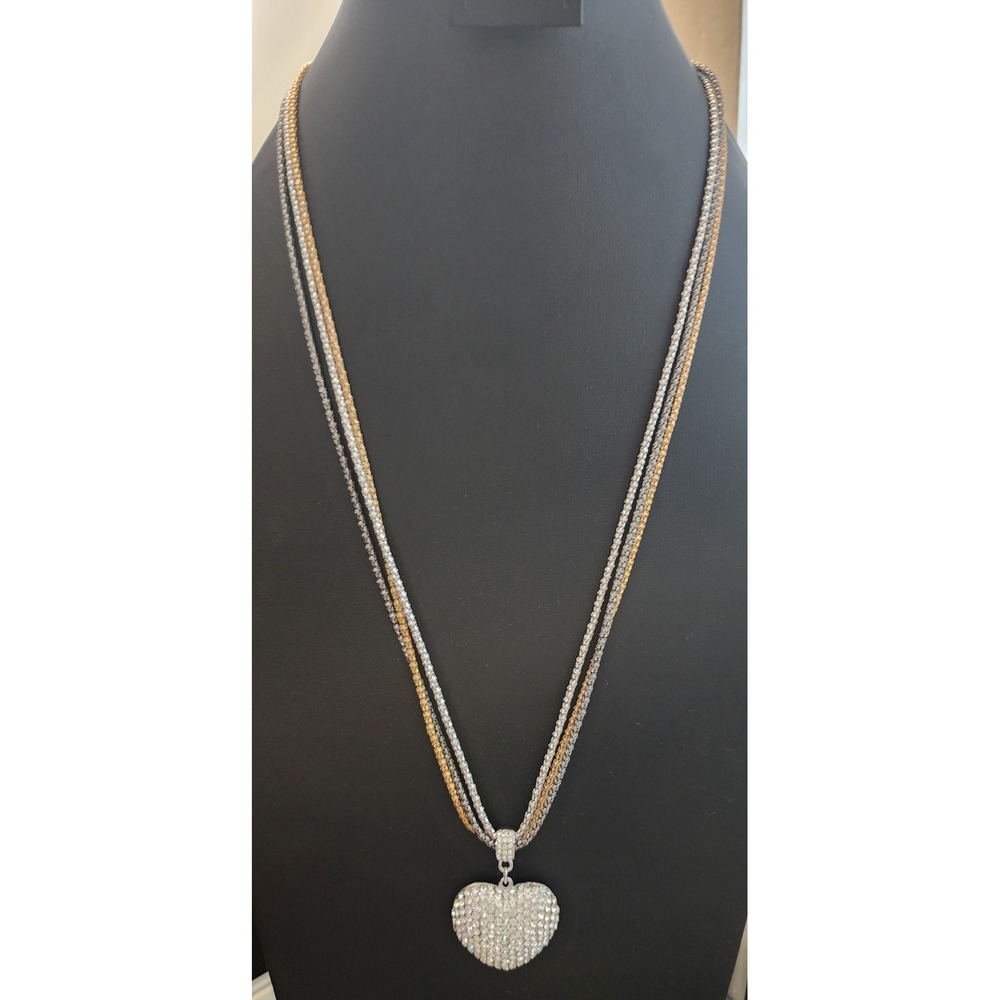 Tri-Tone Multi-Strand Popcorn Chain Necklace Pavé Crystal Puffy Heart Pendant
